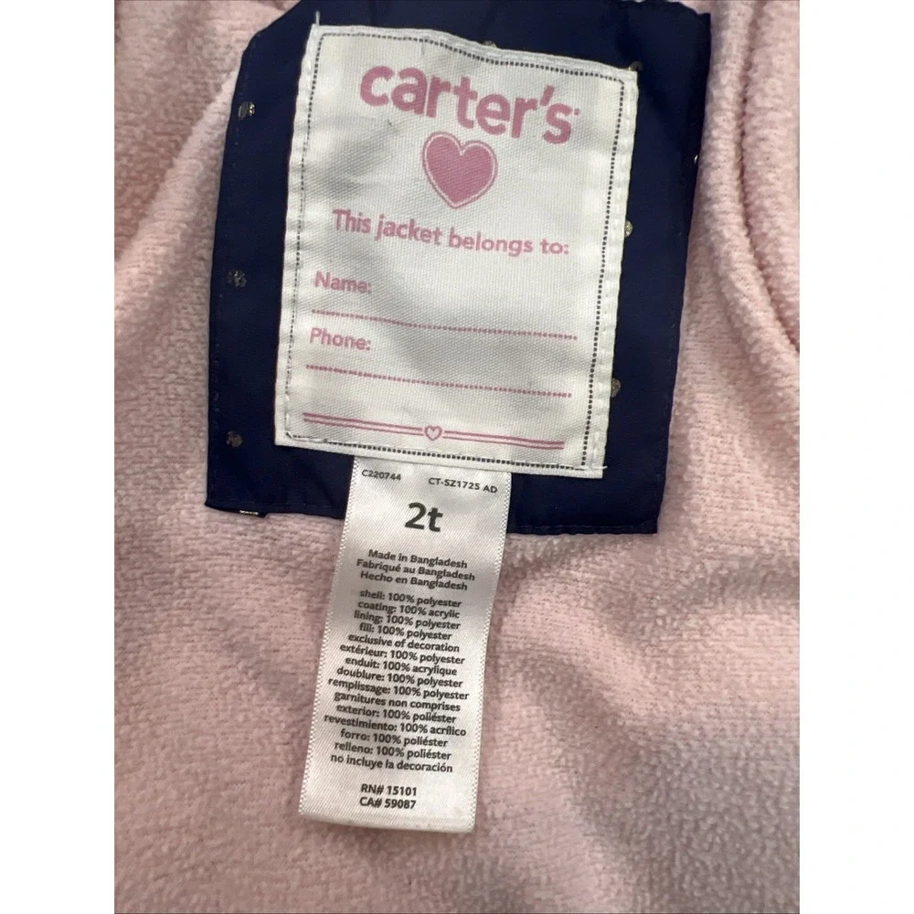 Carters Full Zip Puffer Jacket Girls 2t Navy Blue‎ Hooded Insulated Lined Coat